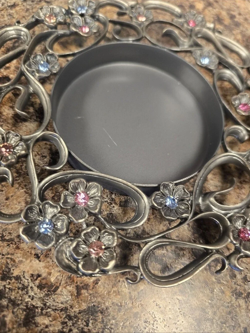 Floral Crystal Accent Candle Holder - Silver